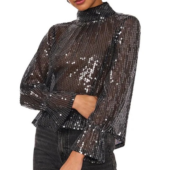1. State Tops - NWOT 1. STATE Sequin Mesh Sheer Illusion Ruched Blouse Size Large